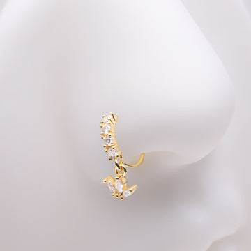 Detail View 1 of Golden Trefoil Marquise Floral Sparkle Dangle Multi-Gem Lined Bendable Hoop Ring-Clear Gem